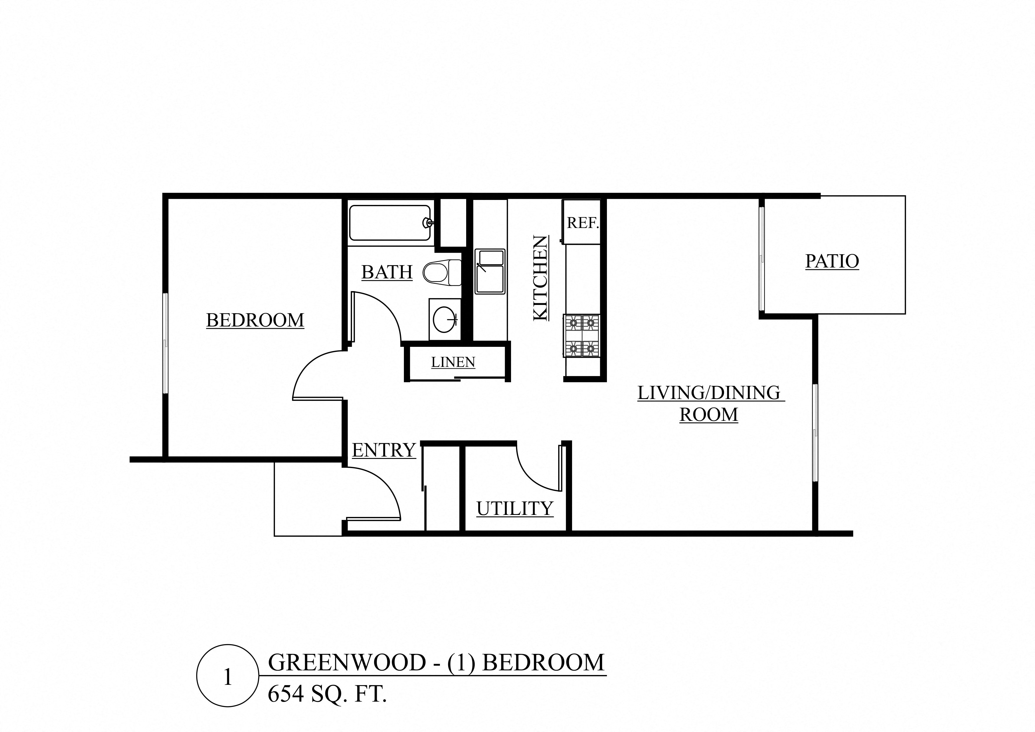 Floor plan for 1 bed, 1 bath, 654 sqft
